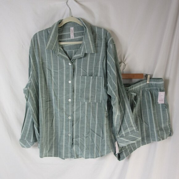 Auden Pajama Set 2 pc. Sage Green White Striped Shorts Button Down Size XXL NWT - Picture 13 of 13